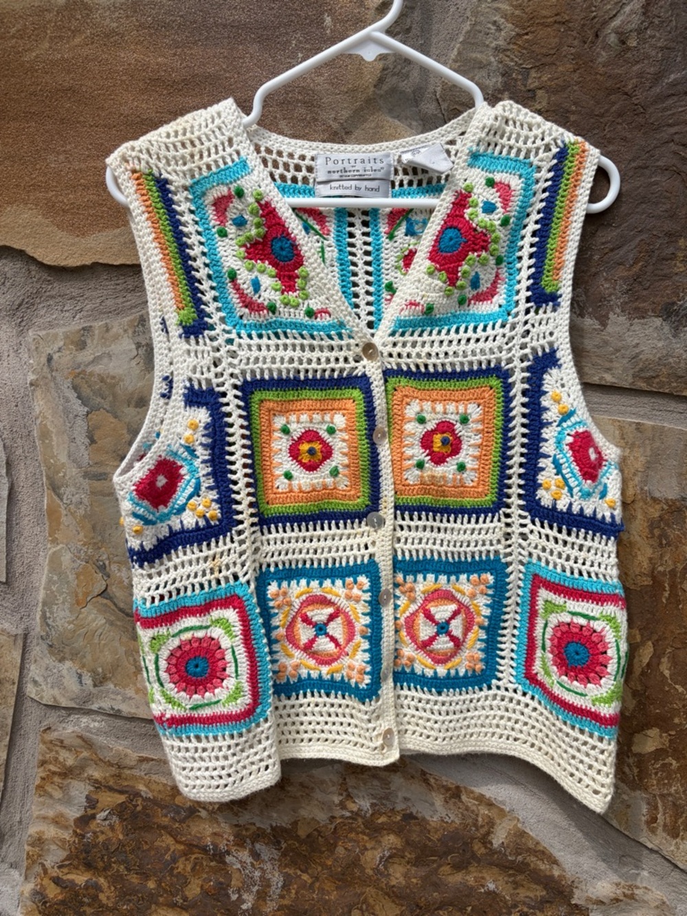 Portraits By Northern Isles Hand Knit Granny Square Crochet Vest Cottagecore